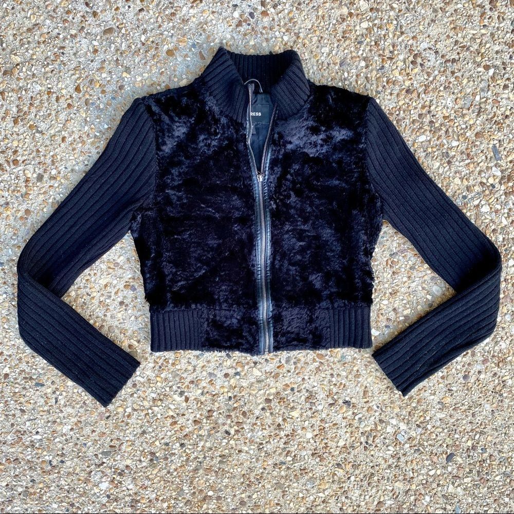 Vtg Y2K Express Faux Fur Wool Blend Ribbed Full Zip Jacket Size M